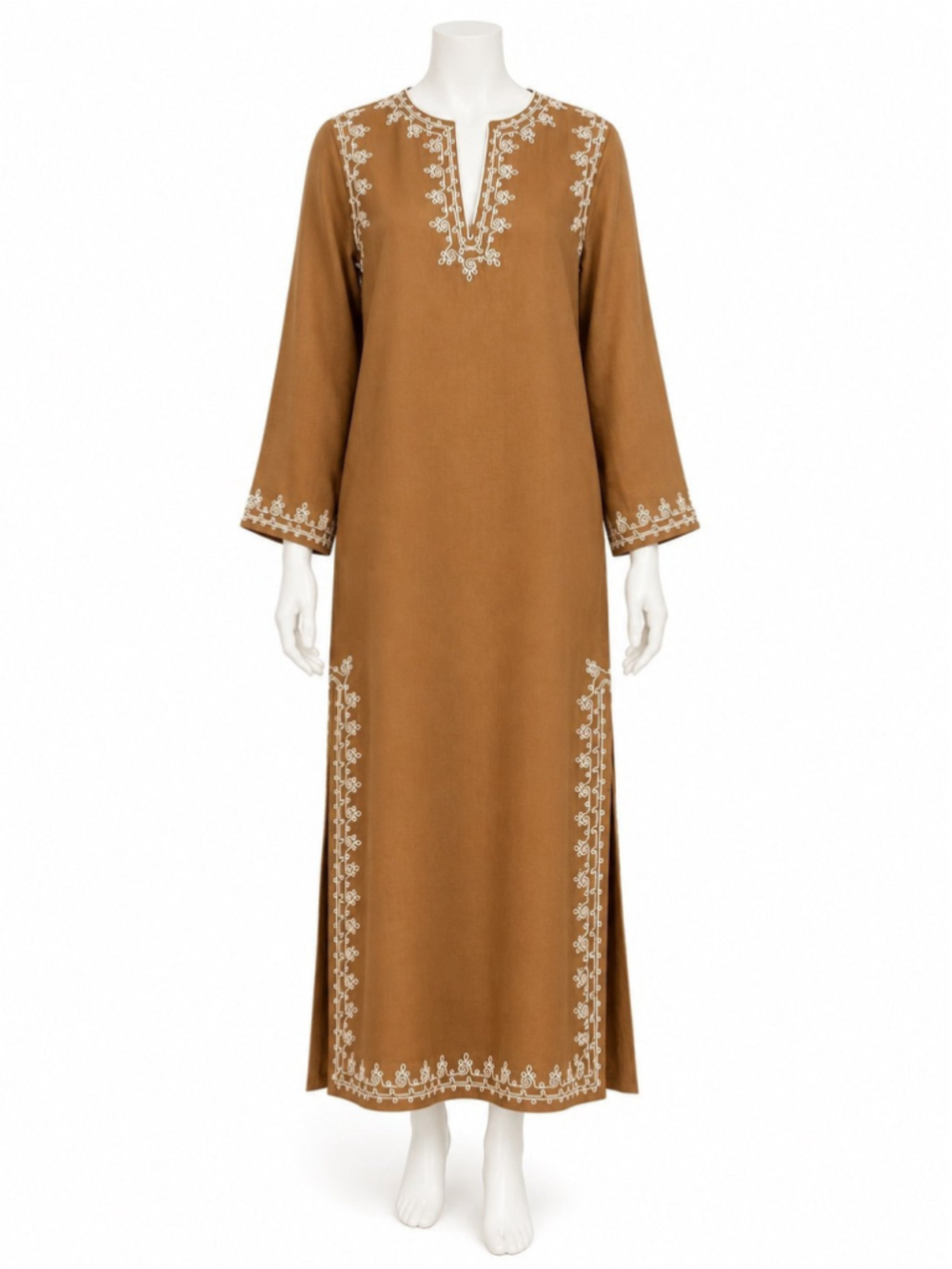 Tory Burch Maxi Dress Embroidered Linen Long Dark Tan Beige Kaftan Designer